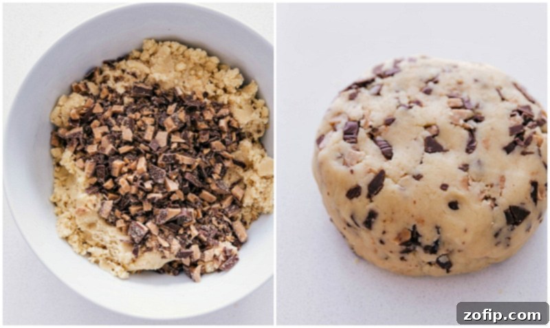 Buttery Toffee Shortbread 4 Toffee shortbread cookie dough being mixed together and rolled into a giant ball, ready to be divided into logs.