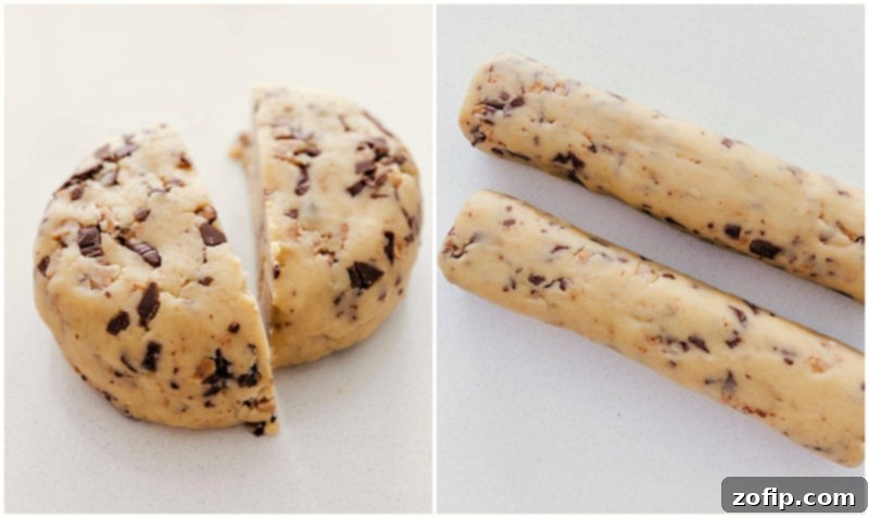 Toffee Shortbread Cookie dough logs Toffee Shortbread Cookie dough logs rolled into cylinders, ready for sugar coating.