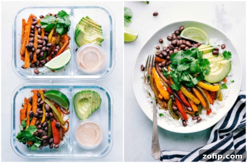 Vegetarian Fajitas prepared as a dinner bowl, suitable for meal prep or immediate serving.