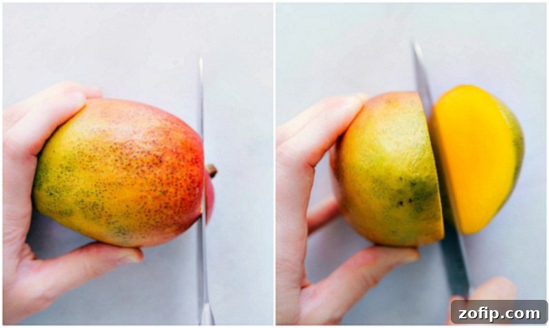 Image demonstrating how to cut the stem end off a mango to create a stable base for cutting.