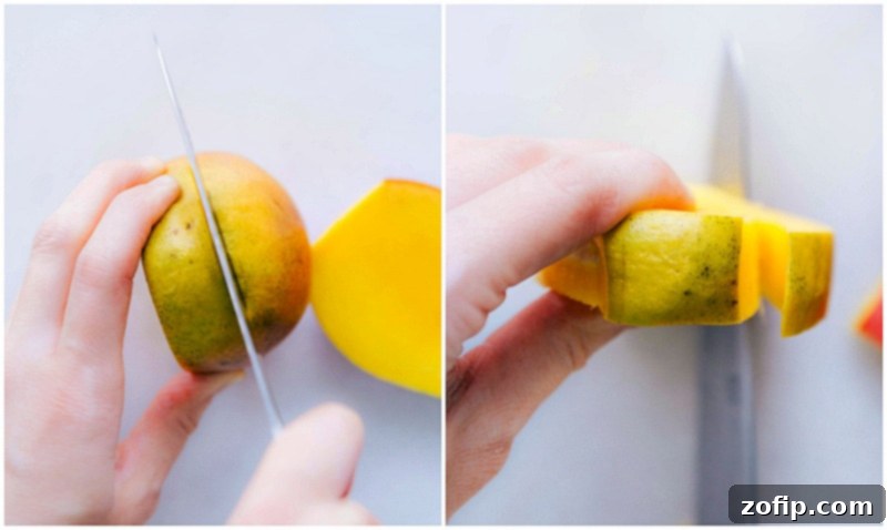 Image showing how to slice the two wide 'cheeks' of a mango, cutting around the central pit.