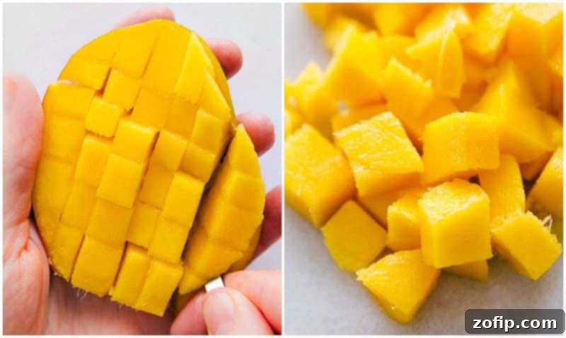 Image showing how to make horizontal cuts across scored mango flesh to create cubes.