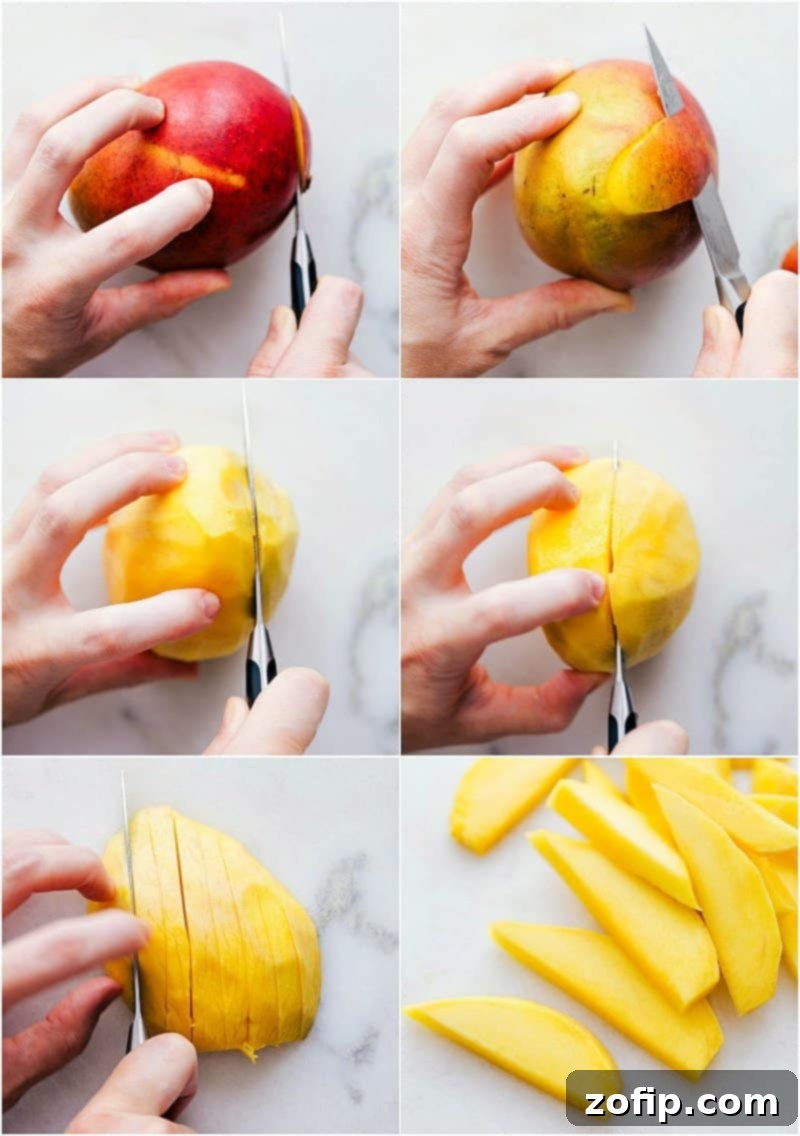Visual guide showing how to peel and then slice a mango, step by step.