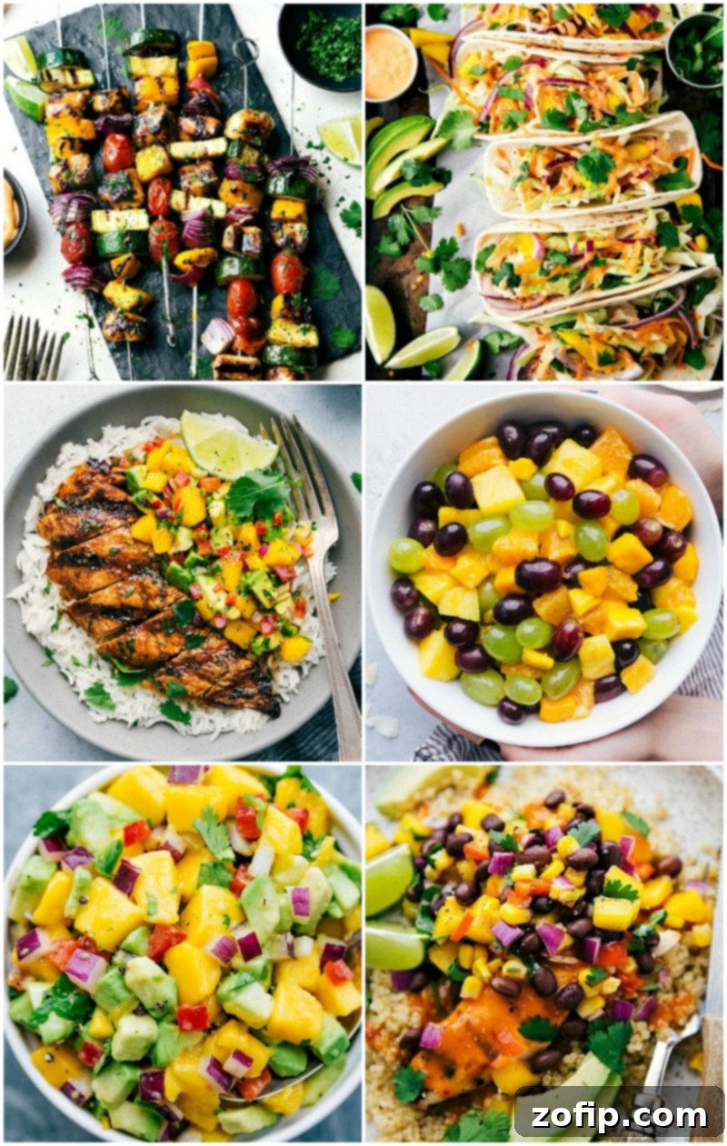 Collage of various delicious recipes that use fresh mango, including salads, tacos, salsa, and fruit bowls.
