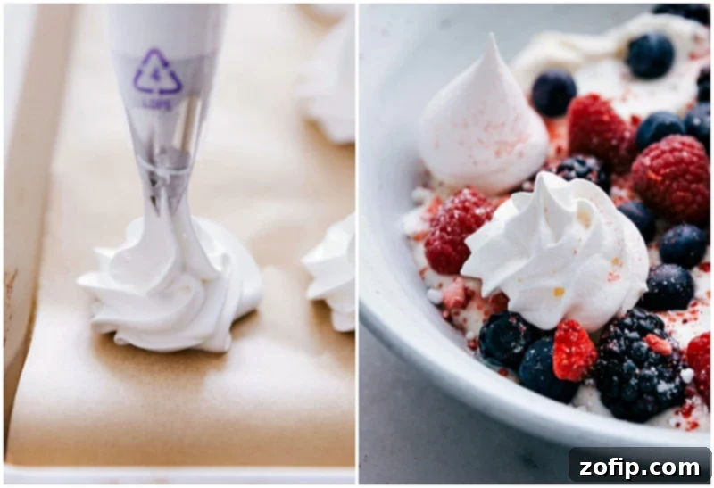 Before and after comparison: Meringue cookie batter piped onto a baking sheet, contrasted with baked meringues beautifully arranged in a dessert.