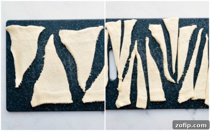 Process shots of crescent roll dough being cut into strips.