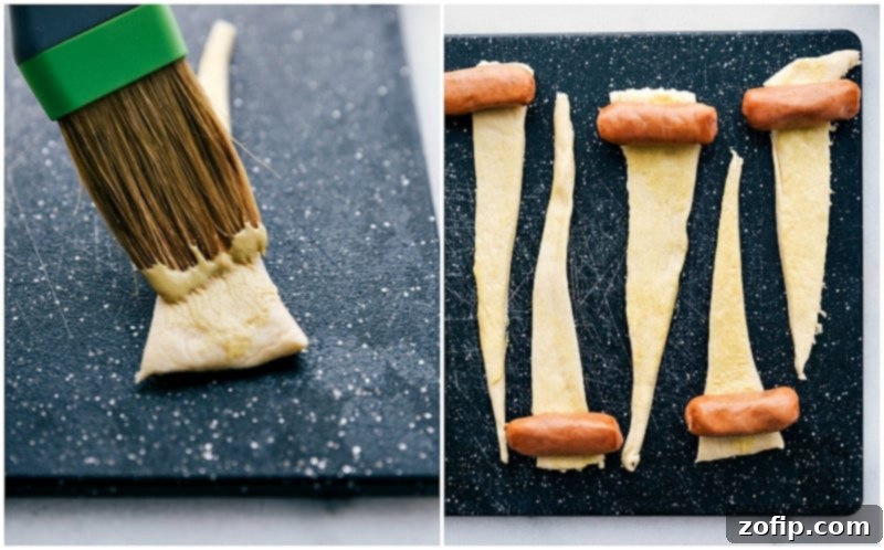 Process shots showing mini hot dogs being placed on crescent roll dough strips before wrapping.
