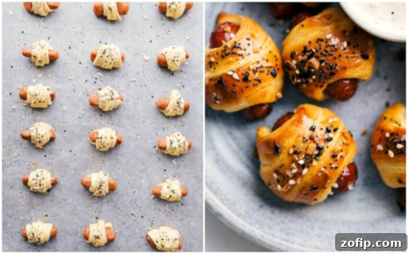 A comparison of Pigs in a Blanket before and after baking, showing their golden-brown finish.