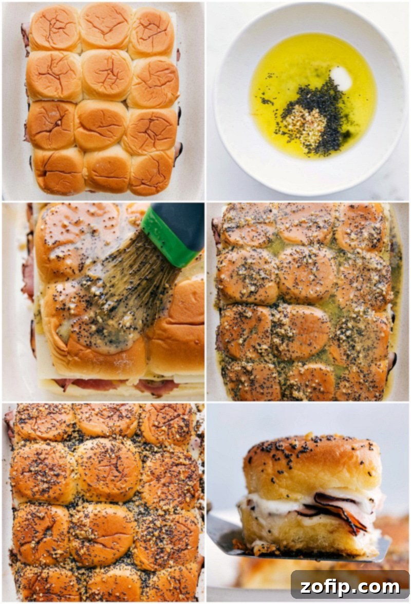 Adding the top layer of rolls, spreading the butter topping, and baking ham and cheese sliders.