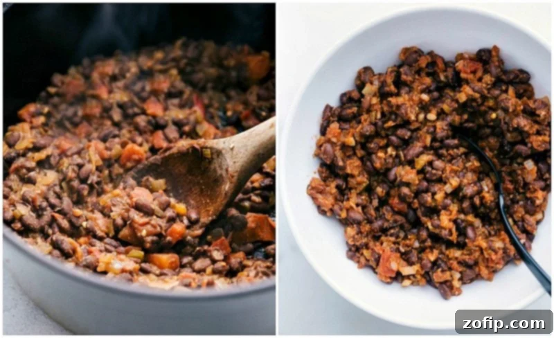 Overhead image of the black beans and onion mixture that is the core of these Healthy Tacos.