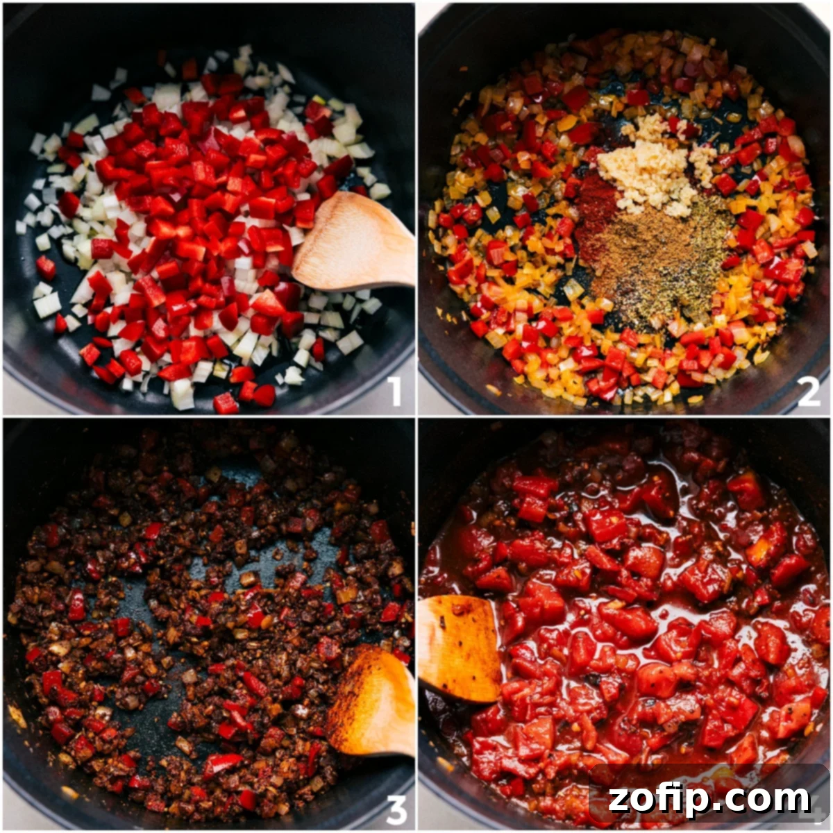 The cooking process begins: onions and red bell peppers are sautéing with aromatic seasonings in a large pot, soon to be joined by fire-roasted diced tomatoes for this rich vegetarian chili.