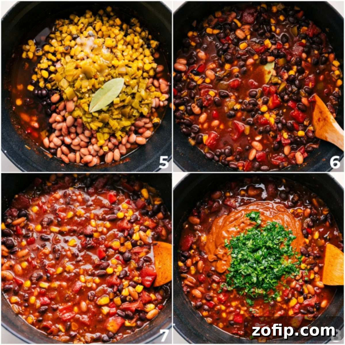 A close-up of hearty beans, diced green chiles, and vegetable broth simmering together in a pot, demonstrating the perfect consistency before a portion is blended for ultimate creaminess in this vegetarian chili.