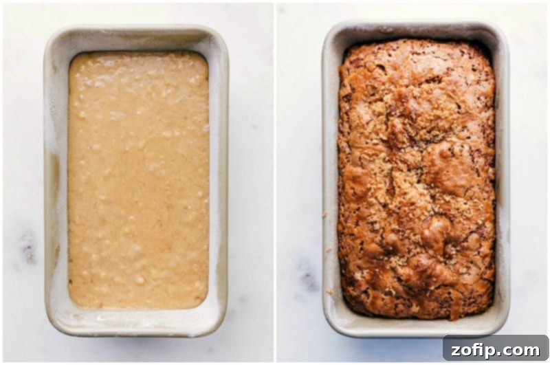 From raw batter to perfectly baked, this Easy Banana Bread recipe is a delicious way to use ripe bananas Unbaked banana bread batter in loaf pan next to a golden brown baked Easy Banana Bread loaf