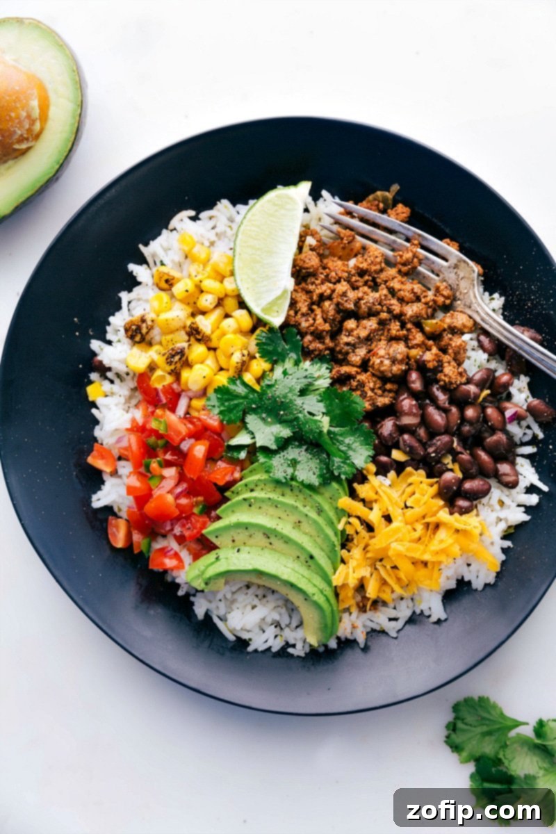 Ultimate Taco Bowl 3 Close-up of a fully assembled and topped Taco Bowl, ready to eat.