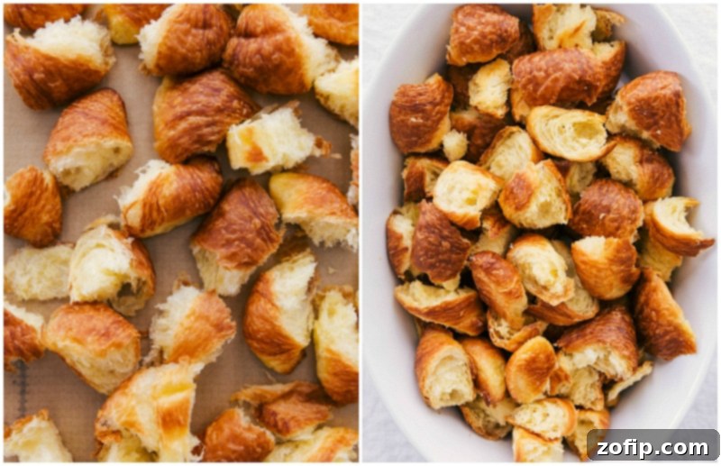 Prepping Bread Pieces for a Classic Bread Pudding Recipe Chopped bread pieces being prepared for the bread pudding recipe.