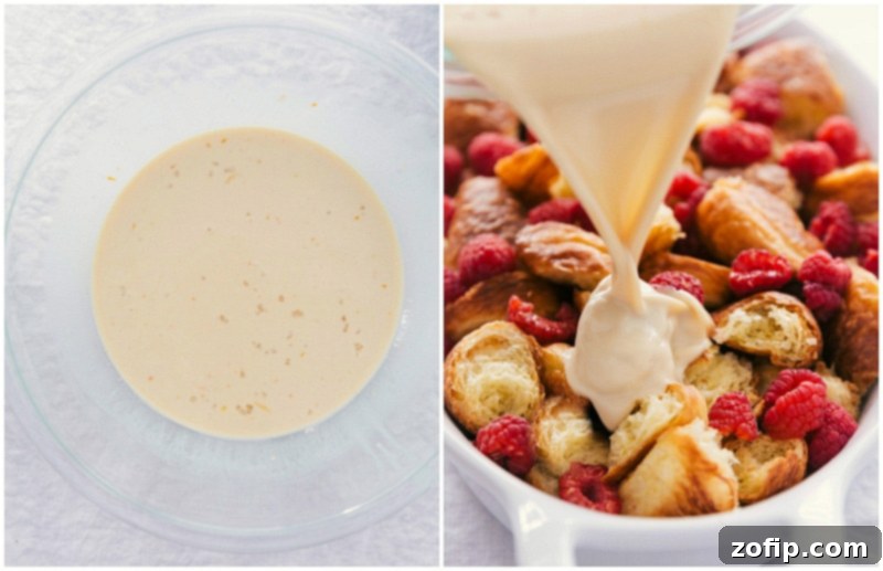 Pouring Vanilla Sauce for the Perfect Bread Pudding Finish Rich vanilla sauce cascading over other ingredients in a baking dish.