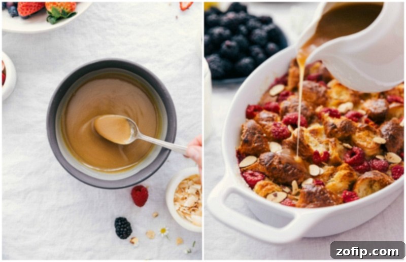 Vanilla Sauce Over Bread Pudding - The Perfect Finish Sweet vanilla sauce drizzling over freshly baked dish.