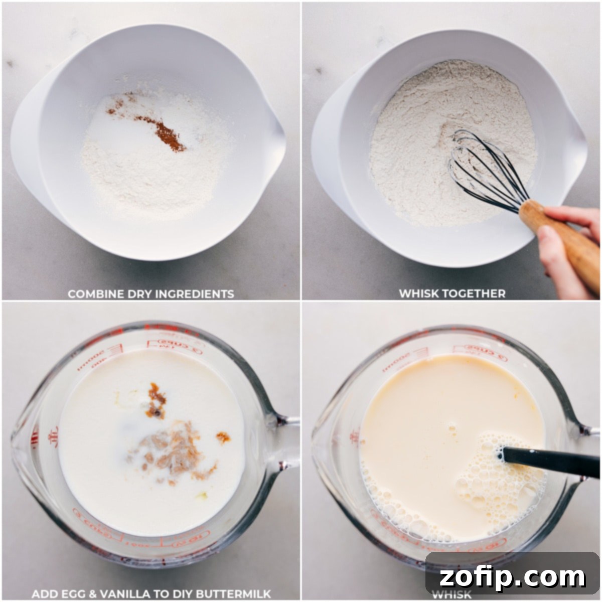 Combining Dry Pancake Ingredients And Preparing DIY Buttermilk for Pancakes The process of preparing homemade buttermilk by mixing milk and vinegar, alongside a bowl of dry ingredients for old-fashioned pancakes, ready to be combined.