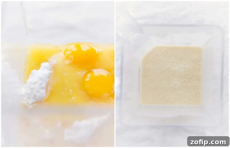 The unmixed ingredients in a blender and the smooth, uniform batter after blending.