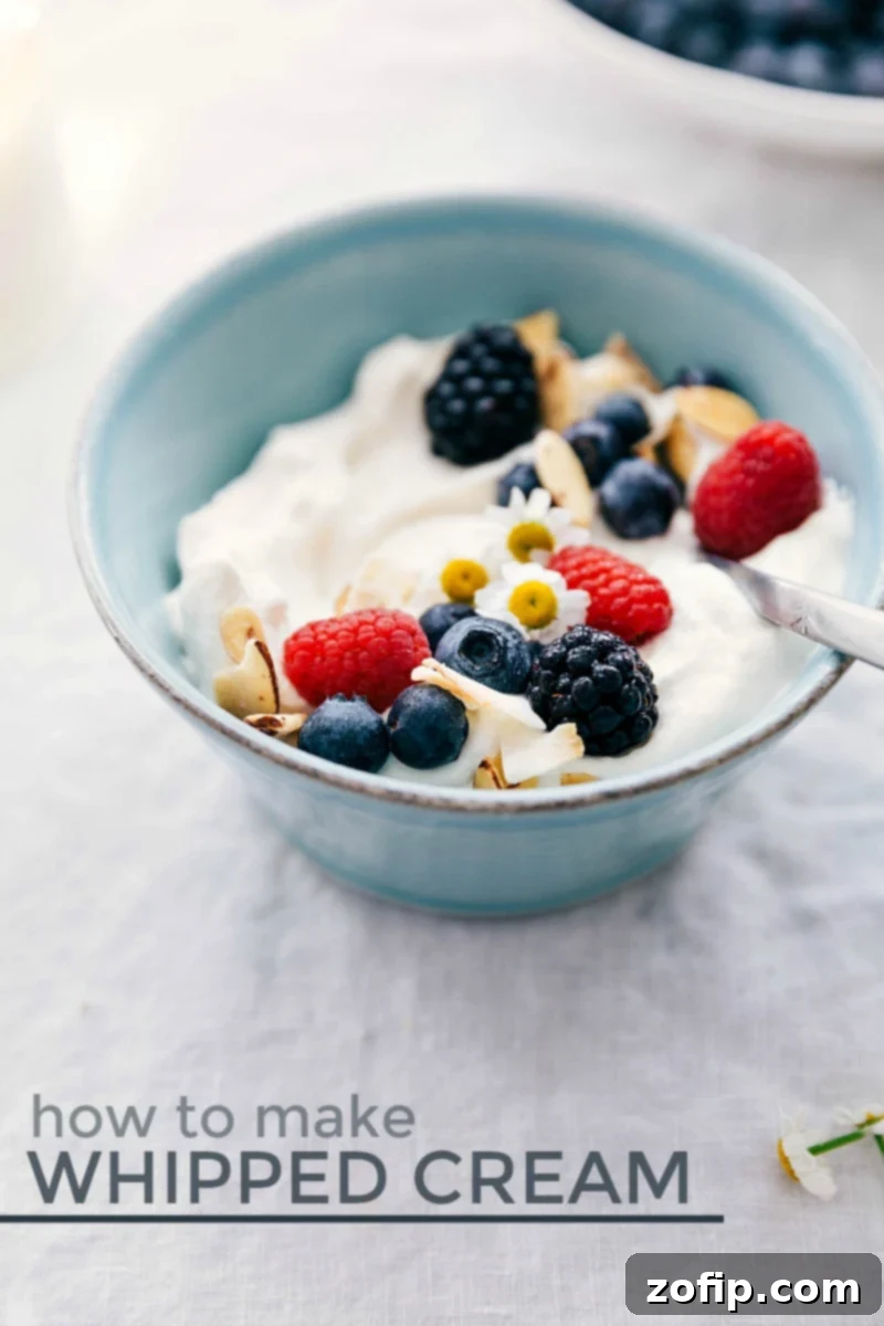 This recipe provides all the steps, tips, and tricks to make perfect, delicious whipped cream every time, transforming your desserts. A beautiful bowl of fresh fruit generously topped with homemade whipped cream, ready to be enjoyed.