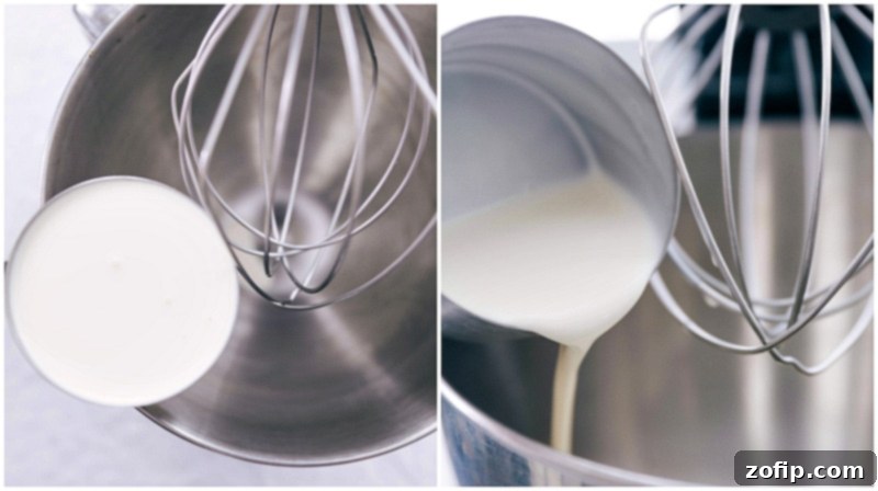 Knowing how to make a whipped cream recipe is handy for so many dishes and desserts. This image shows the initial ingredients in a mixer. A stand mixer bowl filled with heavy whipping cream, ready to be transformed into fluffy whipped cream.