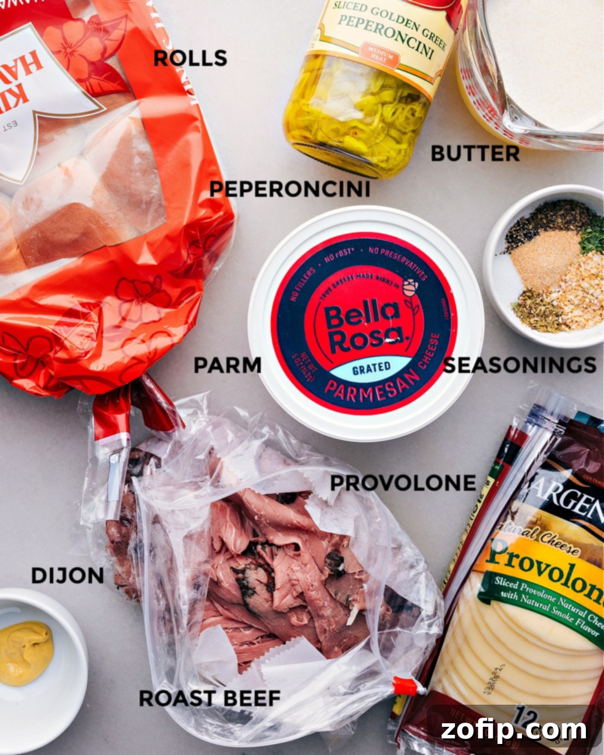 All the fresh ingredients for Italian Beef Sliders neatly prepped and ready for easy assembly.
