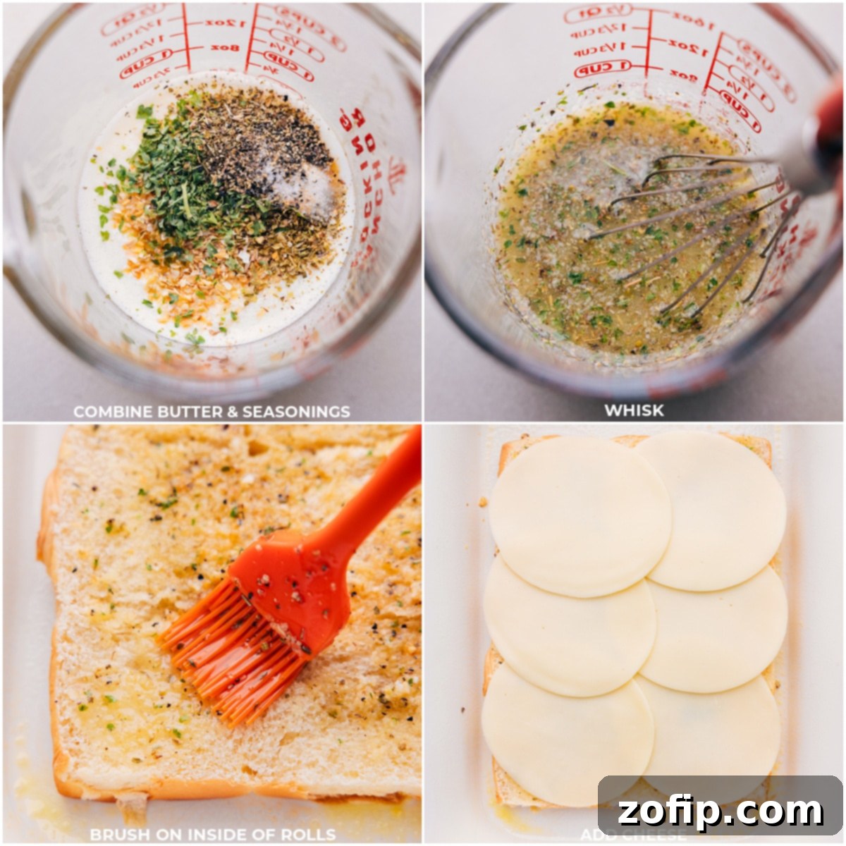 The process of whisking the seasoned butter, brushing it onto the rolls, and layering cheese for Italian Beef Sliders.