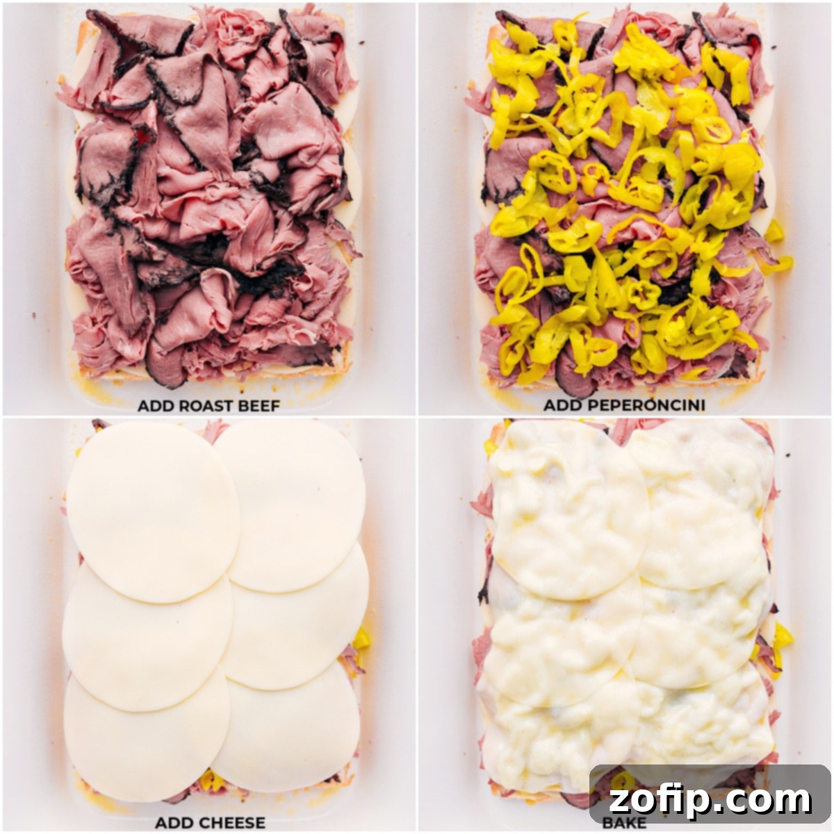 Layers of roast beef, peperoncini, and provolone cheese being added onto Hawaiian rolls before baking.