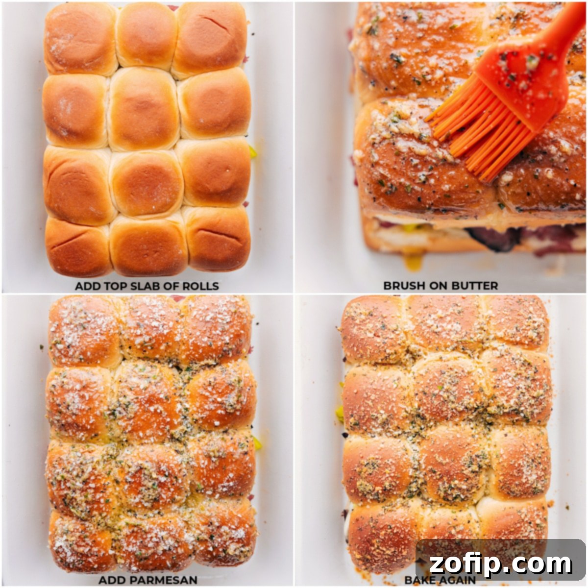 Italian Beef Sliders baking in the oven, with cheese perfectly melted and tops golden.