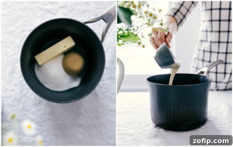 Process shot: Heavy cream and light brown sugar being carefully poured into a saucepan with melted butter and granulated sugar, ready for stirring. The mixture is beginning to blend.