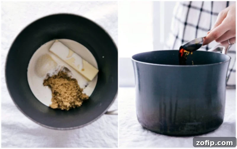 Process shot: A tablespoon of clear pure vanilla extract being carefully added to the simmering vanilla sauce in a saucepan, infusing it with aromatic flavor and completing the recipe.