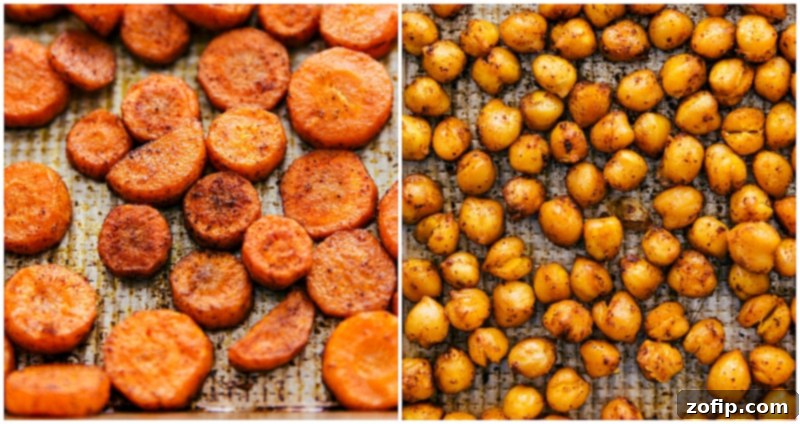 Roasted carrots and chickpeas seasoned with Moroccan spices