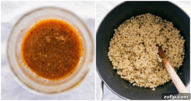 Moroccan Carrot Salad dressing and cooked couscous ready for assembly