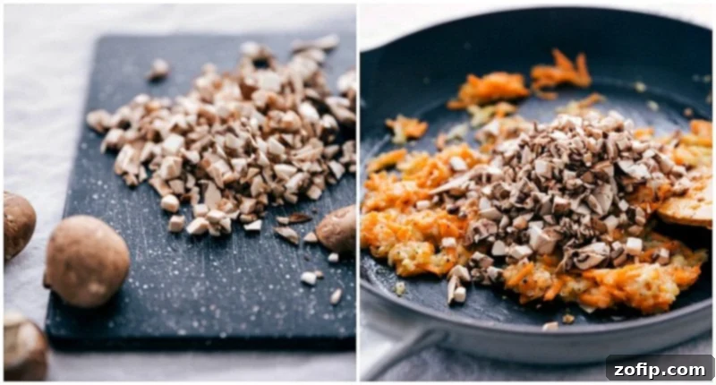 Finely chopped mushrooms being added to the sautéed vegetables, enhancing the earthy flavors of the meatloaf base.