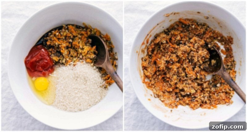A large bowl containing sautéed vegetables mixed with panko breadcrumbs, egg, and ketchup, forming the flavorful base for the turkey meatloaf.