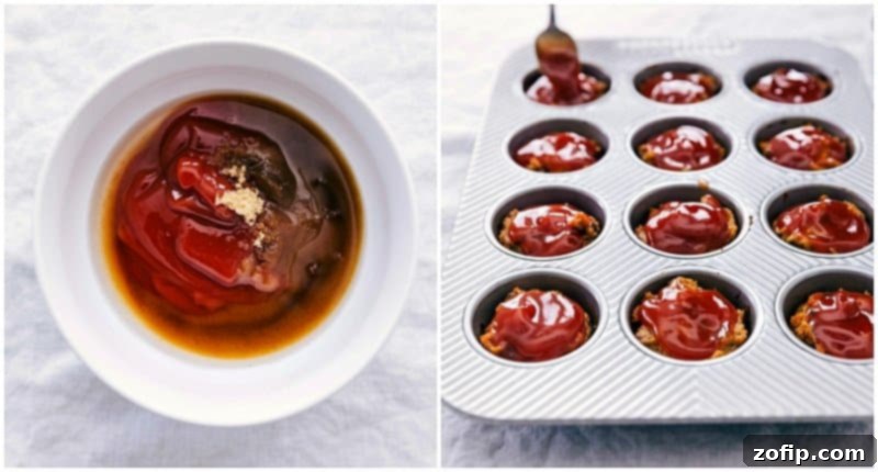 The final step: Spooning the rich, tangy glaze over the partially baked mini turkey meatloaves, ready for their last bake.