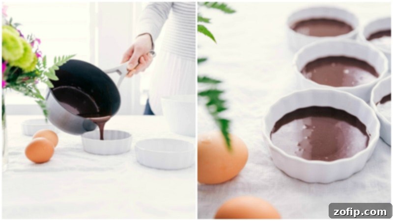 Image of the chocolate layer being poured into the ramekins for these Tuxedo Crèmes Brûlée.