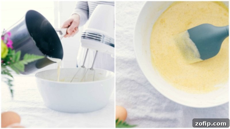 The base egg mixture being heated and added to a bowl to be mixed.