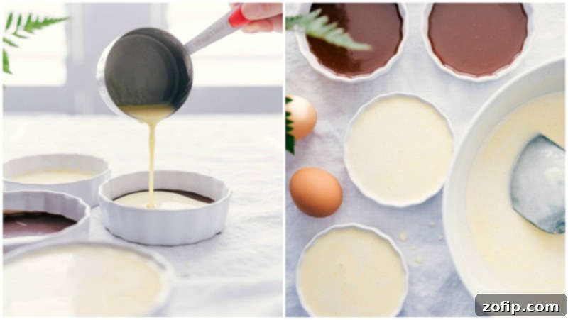 Image of the base creme brûlée being added on top of the chocolate layer.