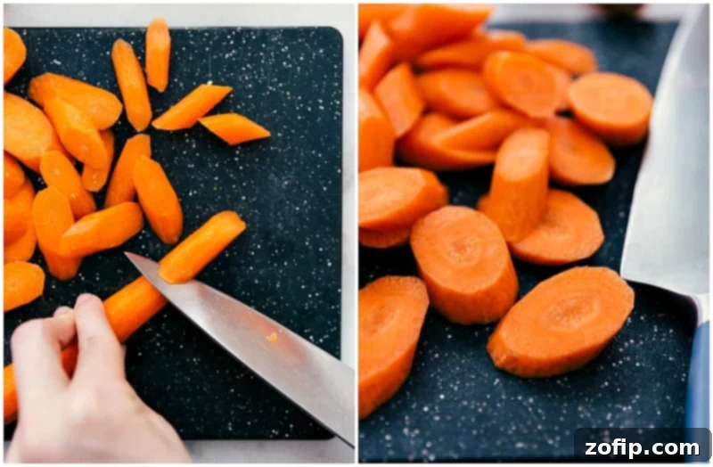 Preparing fresh carrots by peeling and slicing them for roasting, ensuring even cooking and maximum flavor in these pesto vegetable bowls. Carrots being chopped into uniform slices, prepped for roasting in these Pesto Veggie Bowls.