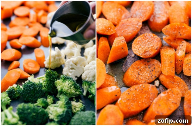 Olive oil being tossed with a vibrant medley of fresh vegetables on a sheet pan, preparing them for roasting into a delicious pesto bowl. Overhead image of olive oil being drizzled over fresh vegetables on a sheet pan, ready for roasting for Pesto Veggie Bowls.