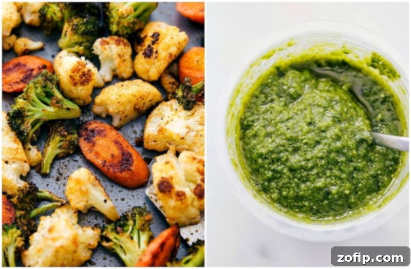 The perfectly roasted cauliflower, broccoli, and carrots, combined with savory pesto, ready to be served in these incredibly delicious Pesto Veggie Bowls. Overhead image of beautifully roasted vegetables and vibrant pesto, essential components for assembling flavorful Pesto Veggie Bowls.