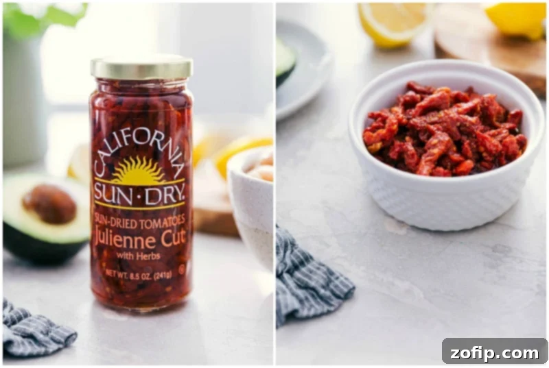Julienned sun-dried tomatoes, an key ingredient for the flavorful salsa in this pesto chicken recipe.