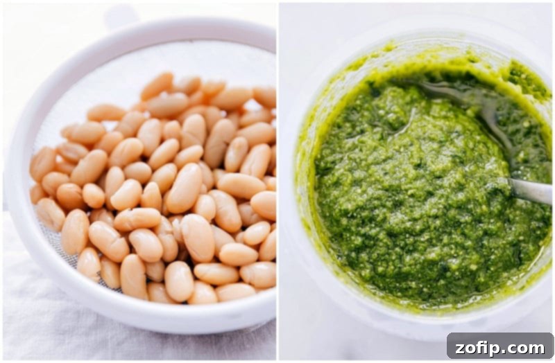 Process shot of creating dinner: draining white beans and stirring fresh pesto for the bowls.
