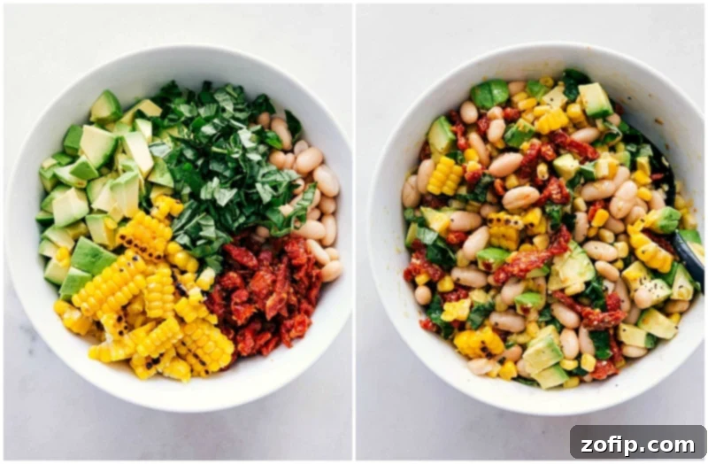 Process shot: close-up of the white bean and corn salsa, showing its vibrant colors and creamy texture.