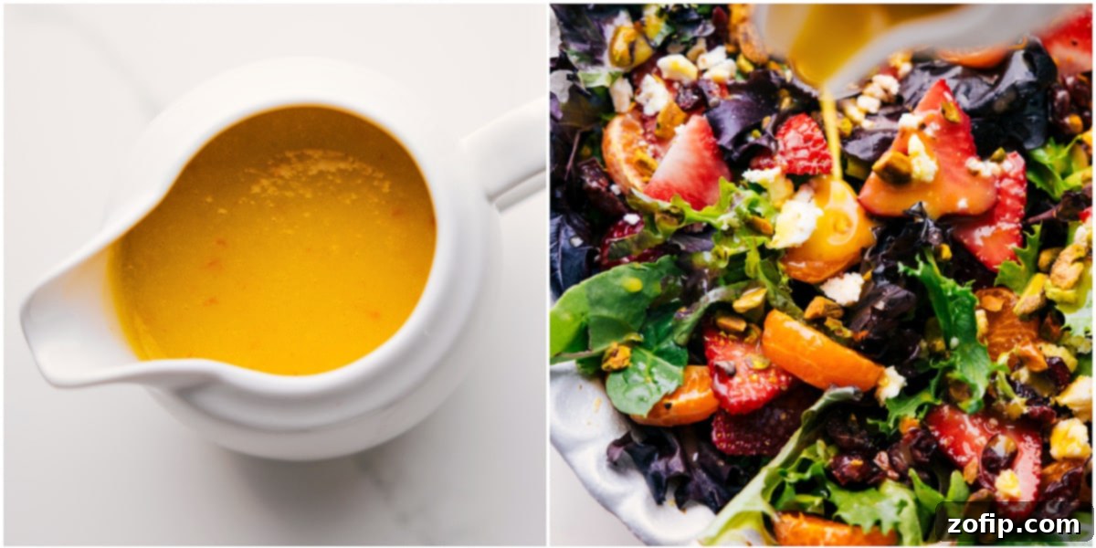 The zesty citrus dressing prepared in a glass jar, then beautifully drizzled over the vibrant Strawberry Salad.