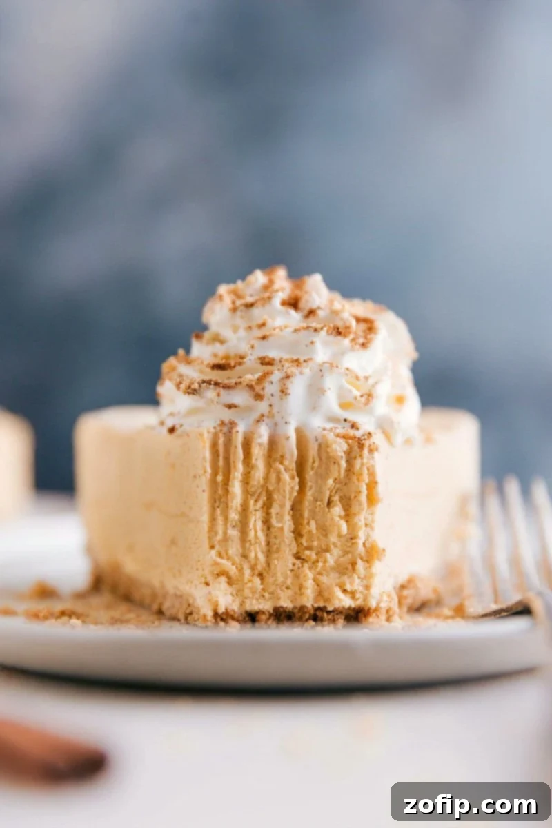 Effortless Autumn Pumpkin Cheesecake 3 Close-up of a slice of no-bake pumpkin cheesecake with a missing bite, showcasing its creamy goodness and the perfect crust.