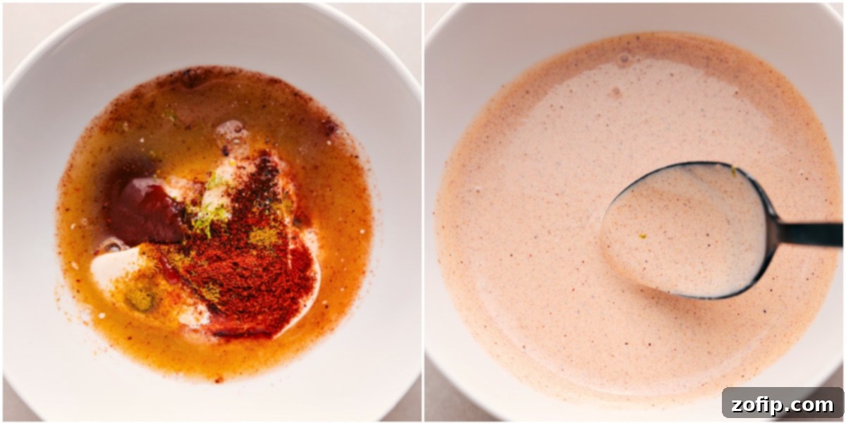 Whisking the creamy Sriracha-lime sauce to perfection in a small bowl, creating a smooth and zesty topping ready to be drizzled over loaded sweet potatoes.