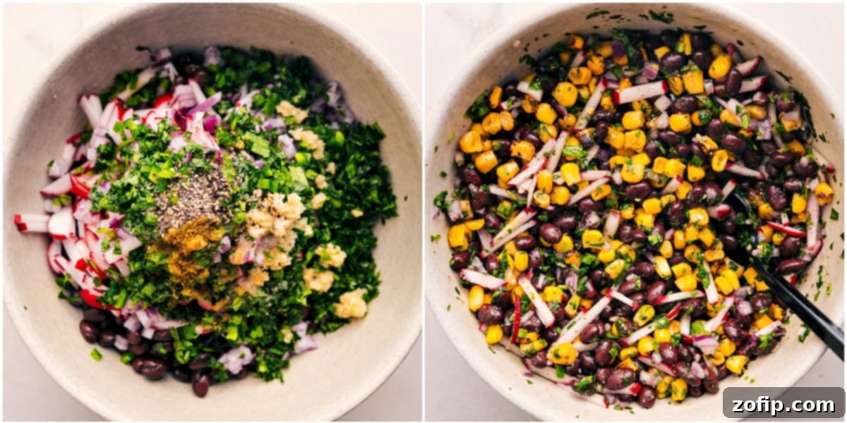 How To Make Southwestern Stuffed Sweet Potatoes Combine the black beans, corn, fresh herbs, seasonings, minced garlic, and thinly sliced radishes to create the vibrant Southwestern topping mix for your stuffed sweet potatoes.