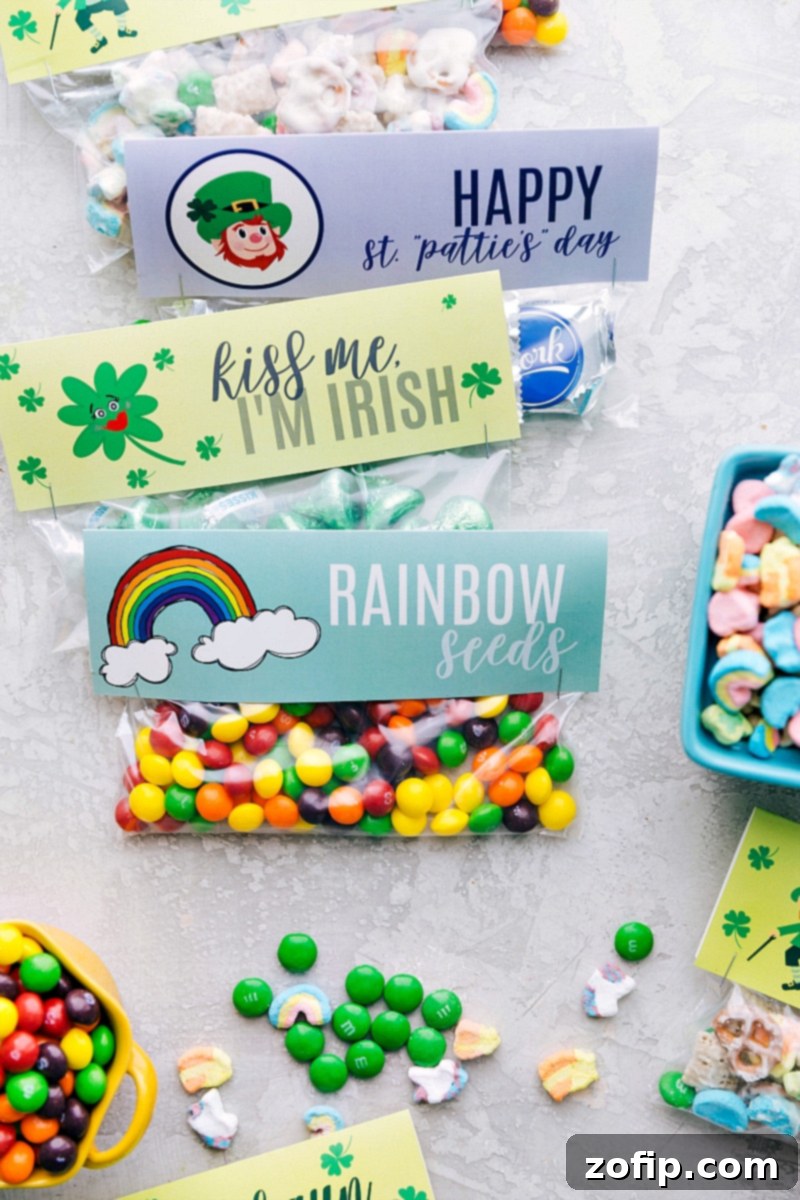Celebrate St. Patrick's Day with these easy, colorful treats and free printable bag toppers for a charming homemade touch. Four vibrant St. Patrick's Day treat bags featuring unique printable toppers and festive candies